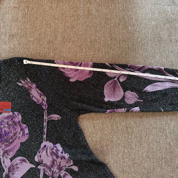 NWT Vtg Elegant Sequins Floral Shimmering Black & Purple Violet Long Sleeve Top - Picture 7 of 10